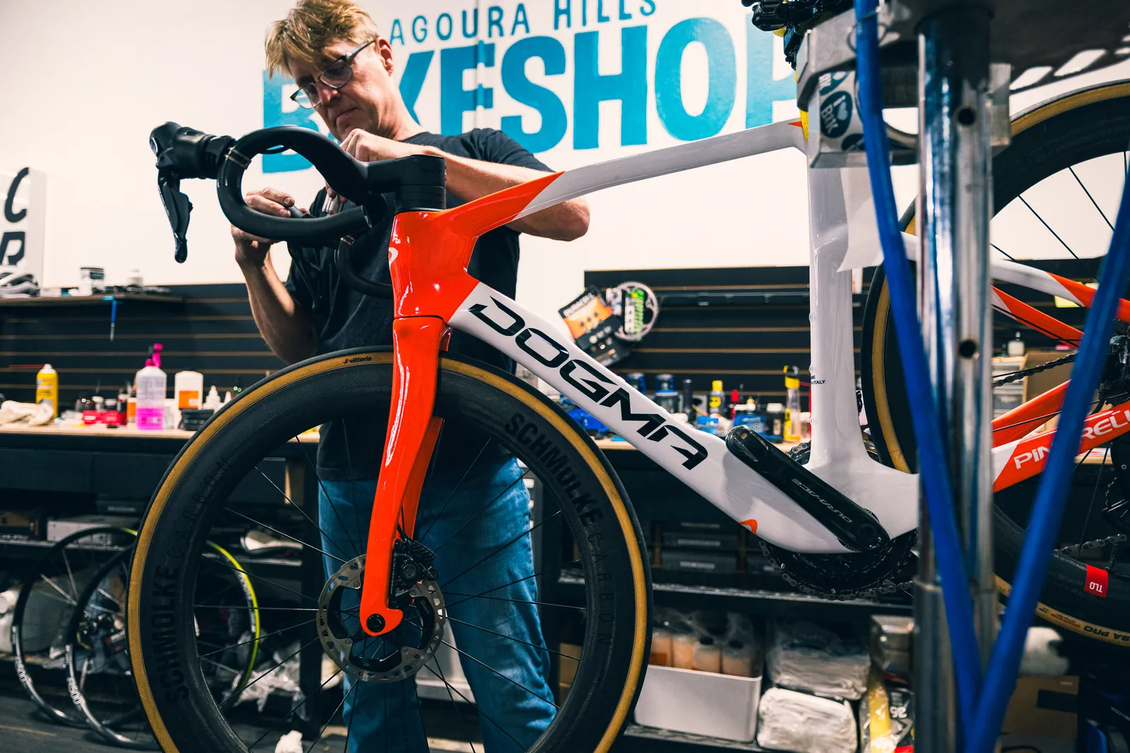 Agoura Hills Bikeshop mechanic building a Pinarello Dogma